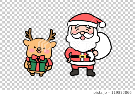Illustration of Santa Claus and a cute reindeer holding gifts 119853866