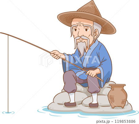 Cartoon character of ancient Chinese fisherman. 119853886