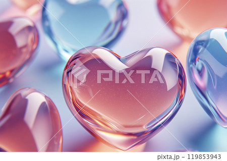 Glossy glass colorful hearts. Abstract valentines day greeting card background. Concept of love and romance, dating, romantic couple exclusive relationships 119853943