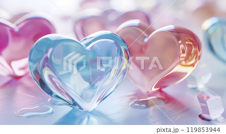 Glossy glass colorful hearts. Abstract valentines day greeting card background. Concept of love and romance, dating, romantic couple exclusive relationships Glossy glass colorful hearts. Abstract valentines day greeting card background. Concept of love and romance, dating, romantic couple exclusive relationships 119853944