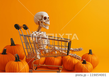 Skeleton sitting in the shopping cart with orange Halloween pumpkins. Happy Halloween, sale concept. Traditional October holiday. Autumn greeting card, advertising mockup with space for text Skeleton sitting in the shopping cart with orange Halloween pumpkins. Happy Halloween, sale concept. Traditional October holiday. Autumn greeting card, advertising mockup with space for text 119854001