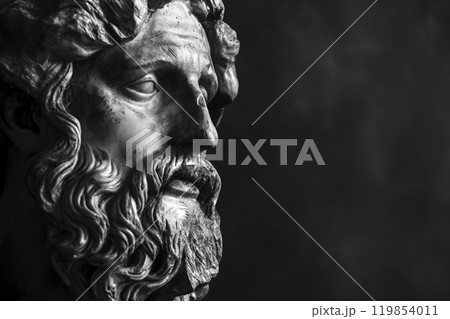 Ancient Roman or Greek statue closeup, white marble, high contrast. Side view with copy space. Sculpture, face of a mythological hero, portrait of god on black background 119854011