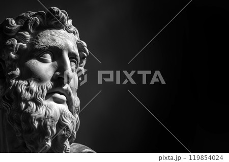 Ancient Roman or Greek statue closeup, white marble, high contrast. Side view with copy space. Sculpture, face of a mythological hero, portrait of god on black background 119854024