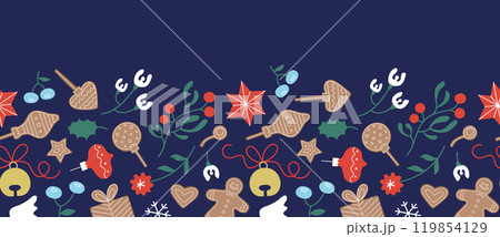 Christmas border with cute baubles, ginger bread, toy, holly, mistletoe. Cartoon Christmas, New Year background, banner. Simple vector illustration for package, paper, wrap. Christmas border with cute baubles, ginger bread, toy, holly, mistletoe. Cartoon Christmas, New Year background, banner. Simple vector illustration for package, paper, wrap. 119854129