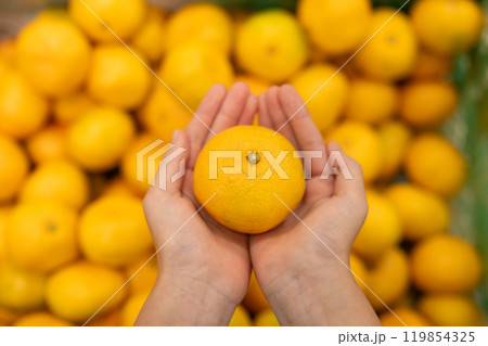 ミカンを持った手 119854325