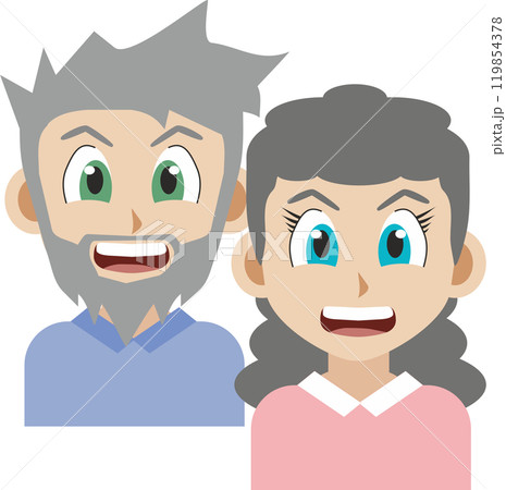 Japanese manga style illustration of a retired elderly couple front view Japanese manga style illustration of a retired elderly couple front view 119854378