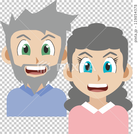 Japanese manga style illustration of a retired elderly couple front view Japanese manga style illustration of a retired elderly couple front view 119854378