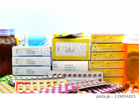 Manufacturing date and expiry date on some pharmaceutical packaging. 119854823