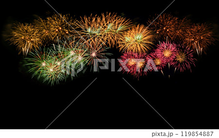 Colorful fireworks celebration and the night sky background with copy space. Colorful fireworks celebration and the night sky background with copy space. 119854887