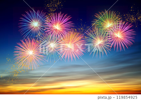 Colorful fireworks celebration and the twilight sky background. Background for firework festival. 119854925