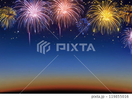 Colorful fireworks celebration and the twilight sky background. Colorful fireworks celebration and the twilight sky background. 119855016