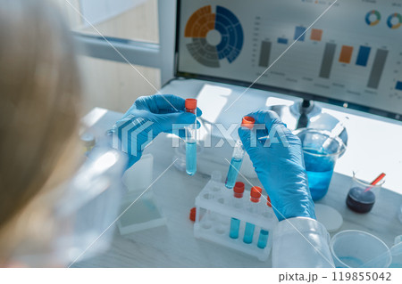 A skilled scientist in a lab conducts complex tests with specialized tubes and advanced methods, resulting in groundbreaking discoveries and significant advancements in research and technology 119855042