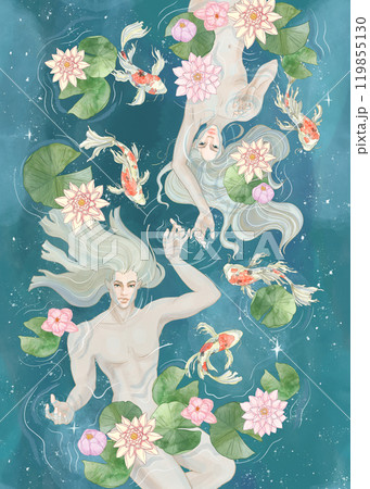 Beautiful guy and girl. Lovers in a beautiful pond among koi fish and water lilies. For printing Valentine's Day cards, Pisces polka dot calendars. Printing notebooks, posters, wedding invitations. 119855130