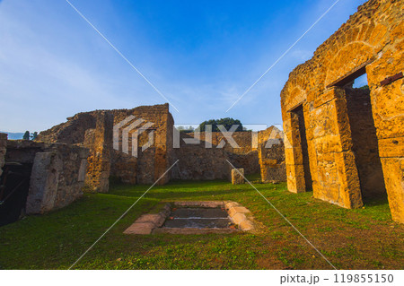 Ancient ruins of Pompei city, Naples, Italy. View of ancient city of Pompeii, Pompei is ancient Roman city destroyed from eruption of Mount Vesuvius in 1st century, Naples, Italy 119855150