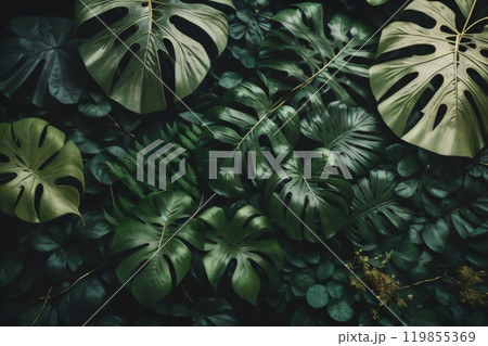 Graphic representation of a tropical green foliage arrangement including Monstera, fern, and Eucalyptus leaves adorned with gold glitter particles. Created with generative AI tools Graphic representation of a tropical green foliage arrangement including Monstera, fern, and Eucalyptus leaves adorned with gold glitter particles. Created with generative AI tools 119855369