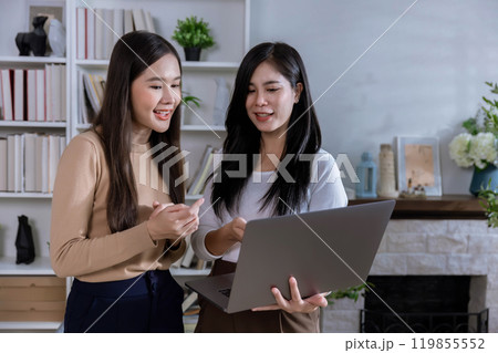 young woman looking at Laptop screen holding credit card, using Laptop secured online e-banking app, satisfied with online cashback purchase or good electronic banking services. young woman looking at Laptop screen holding credit card, using Laptop secured online e-banking app, satisfied with online cashback purchase or good electronic banking services. 119855552