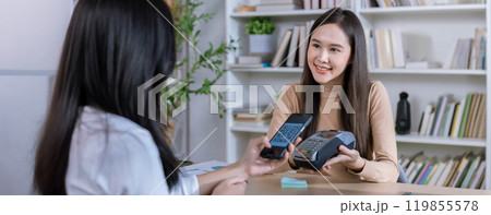 QR code payment, customer using smartphone for paying at shop. Customer paying with qr code on smartphone screen payment technology at shop QR code payment, customer using smartphone for paying at shop. Customer paying with qr code on smartphone screen payment technology at shop 119855578