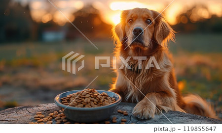 A dog is sitting in front of a bowl of food, Generative AI 119855647