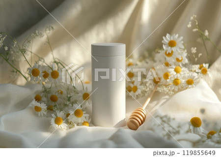 Organic Chamomile Infused Honey Jar with Flowers on Soft Fabric, Natural Wellness Concept Organic Chamomile Infused Honey Jar with Flowers on Soft Fabric, Natural Wellness Concept 119855649