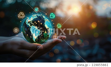 Eco-Friendly Concept, Hand Holding Globe with Recycling Symbols for Sustainable Earth Care Eco-Friendly Concept, Hand Holding Globe with Recycling Symbols for Sustainable Earth Care 119855661