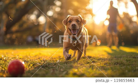 A person playing with their happy dog in a park, Friendship between owner and pet A person playing with their happy dog in a park, Friendship between owner and pet 119855663