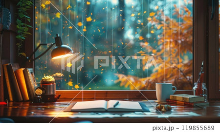 Cozy Workspace in a Modern Office with Vintage Desk, Coffee, Open Notebook, and Rain Falling Outside Autumn-Colored Window. 119855689
