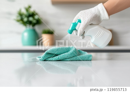 Hand Holding Spray Bottle with Glove Close Up 119855713