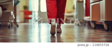 A woman in red pants walks down a hallway, life in hospital, Nursing 119855726
