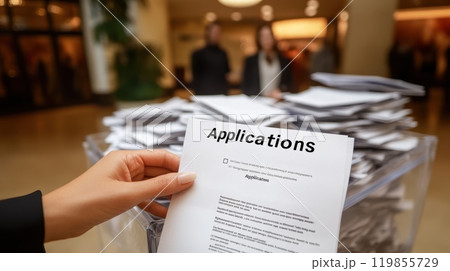 Hand Dropping Resume into Overflowing Applications Box in Busy Office Lobby, Overwhelming Competition 119855729