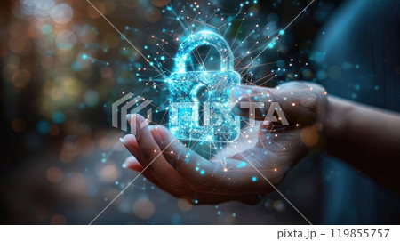 A hand holding a glowing blue padlock, The lock is surrounded by a web of lines with a futuristic and technological appearance. Concept of security and protection 119855757