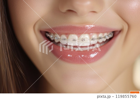 A woman with braces on her teeth is smiling A woman with braces on her teeth is smiling 119855760