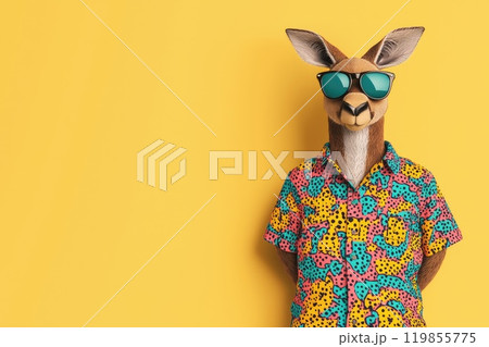 a kangaroo in a bright, patterned shirt and sunglasses, set against a lively pop art background and copy space 119855775