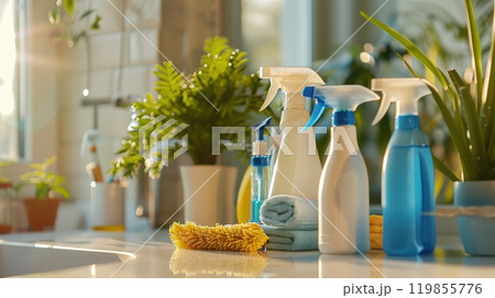Professional cleaning services banner with close-up of cleaning supplies on countertop Professional cleaning services banner with close-up of cleaning supplies on countertop 119855776