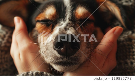 A dog is sleeping with its head on a person's hand 119855778