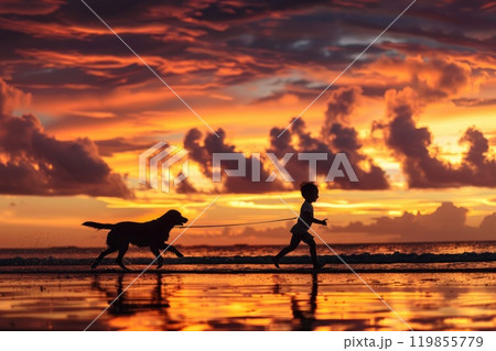 Joyful Sunset Run, Child and Dog Silhouettes Playing on Beach at Dusk 119855779