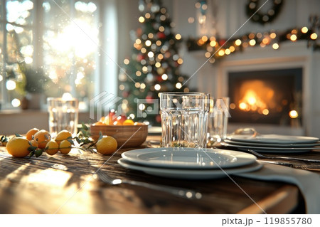 A table with a Christmas tree and a fireplace in the background A table with a Christmas tree and a fireplace in the background 119855780