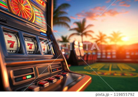 Vibrant Slot Machines at a Colorful Casino Floor 119855792