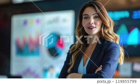 Leading the Way: Confident Businesswoman Presenting to Diverse Team with Digital Graphs Background 119855799