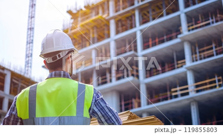A man in a yellow vest stands in front of a building 119855803