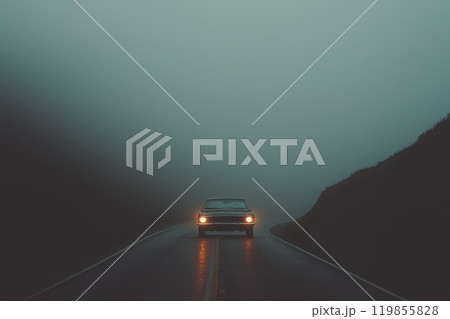 Isolated Car Under Bright Beams in Foggy Scenery, evokes mystery and solitude in nature. Isolated Car Under Bright Beams in Foggy Scenery, evokes mystery and solitude in nature. 119855828
