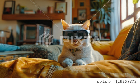 A cat wearing virtual reality goggles is laying on a couch 119855875