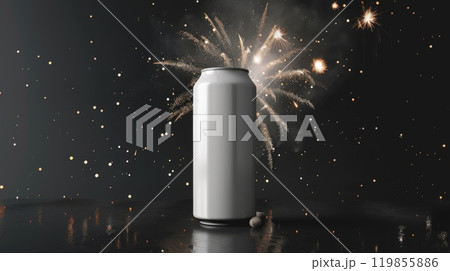 White beer can with fireworks in the background, A can of soda is sitting of firework background White beer can with fireworks in the background, A can of soda is sitting of firework background 119855886