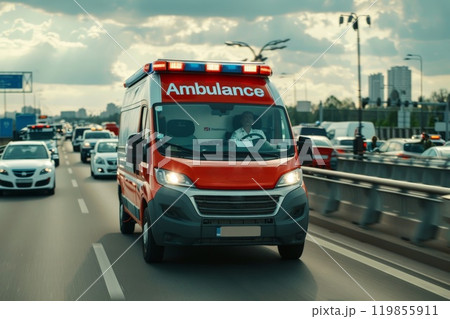 Ambulance with lights on driving down road, Snapshot of speeding ambulance on job 119855911