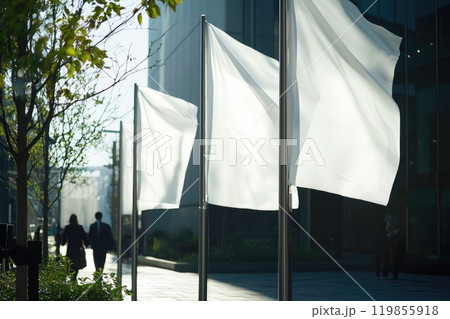 Blank White Flags Flutter at Grand Opening Event with Blurred Guests Arrival Atmosphere 119855918