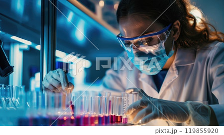 Scientist in mask conducting experiments with test tubes in laboratory, Innovative medical research 119855920