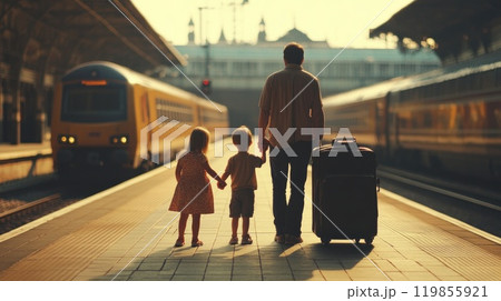 Family Anticipation at Railway Station Platform, Parents and Kids Waiting Excitedly for Train Journey Adventure Family Anticipation at Railway Station Platform, Parents and Kids Waiting Excitedly for Train Journey Adventure 119855921