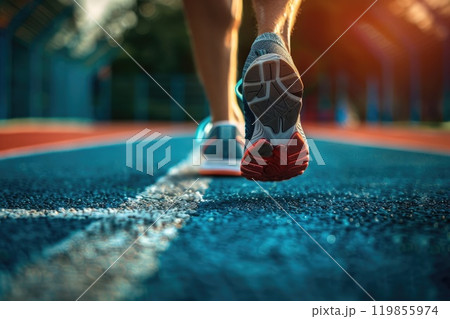 Close up of an athletes sports shoes running on a sports track on sunny day Close up of an athletes sports shoes running on a sports track on sunny day 119855974