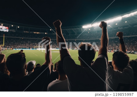 Fans Celebrating at a Night Football Match Fans Celebrating at a Night Football Match 119855997