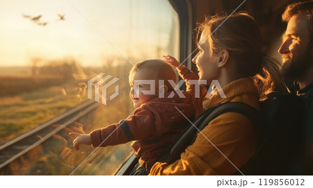 Happy young family enjoying scenic train ride together, admiring nature's beauty Happy young family enjoying scenic train ride together, admiring nature's beauty 119856012
