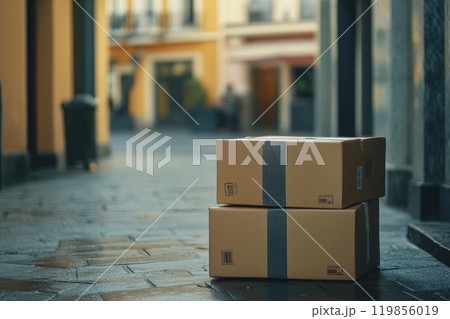 Two cardboard boxes are stacked on top of each other on a sidewalk Two cardboard boxes are stacked on top of each other on a sidewalk 119856019